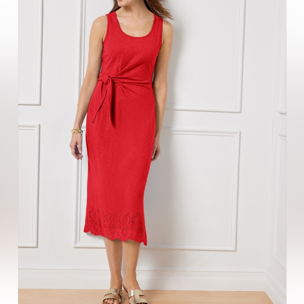 Talbots Red Nantucket Slub Sleeveless Tie Midi Dress size petite Large